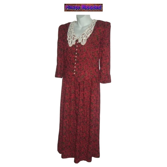 Vintage 80's Miss Dorby Red Flower Pearl Lace Prairie Dress Cottagecore Cottage - Picture 4 of 15